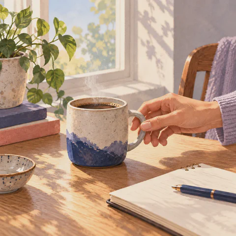 A hand reaching for a ceramic coffee mug on a sunlit desk.