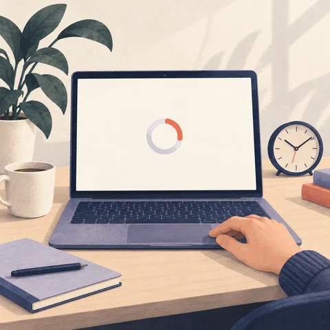 Laptop showing only a loading spinner while a learner waits.